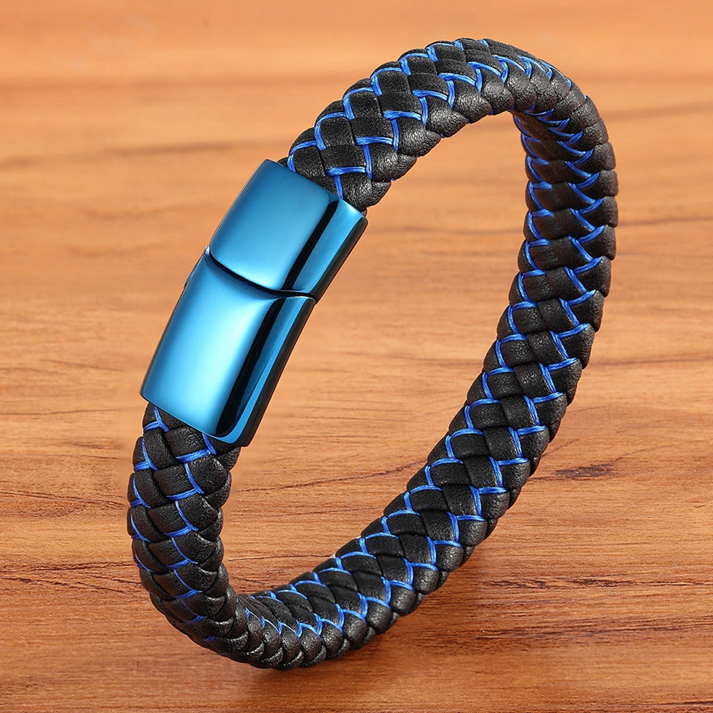 Men's Braided Leather Bracelet · Black/Blue Braided · Stainless Steel · Wrap Shiluette · 21 cm · Jewelry Accessory Gift · Marcus · A Few Wood Men